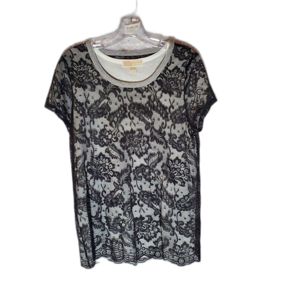 Women's Black & White Lace Short Sleeve Top Size L